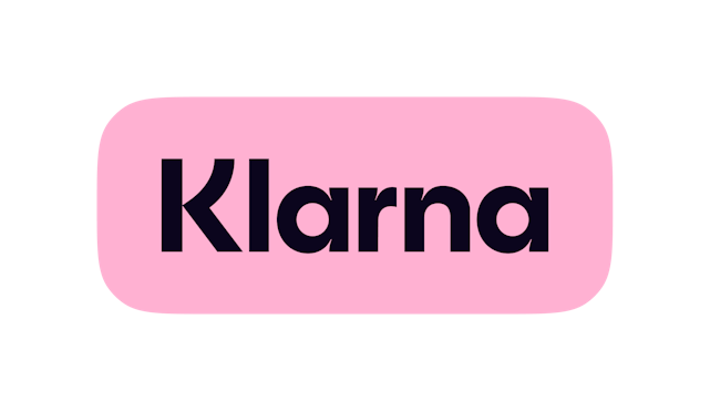 Klarna logo on a pink rounded rectangle background, featuring bold dark text for the buy now pay later service.