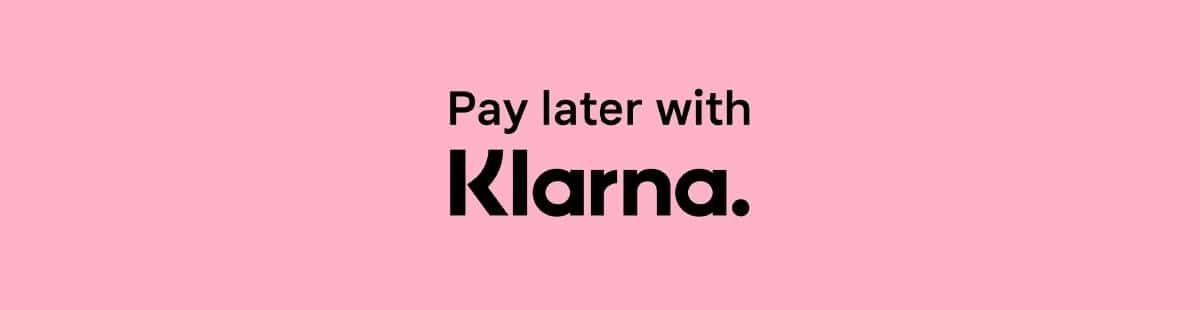 Pink banner advertisement displaying Pay later with Klarna payment option logo in bold black text.