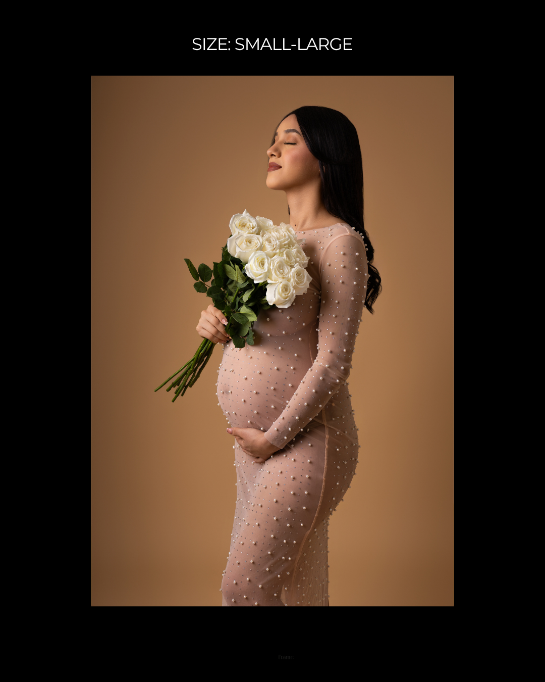 Pregnant woman in beige pearl-embellished maternity dress holding white roses bouquet, size small-large.
