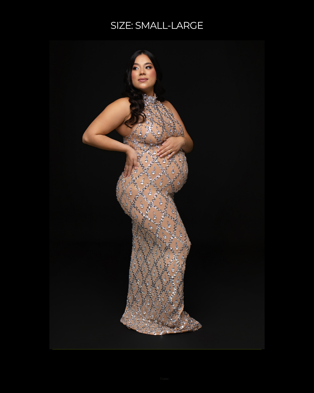 Pregnant woman in sequined halter gown, size small-large, posing against black background.