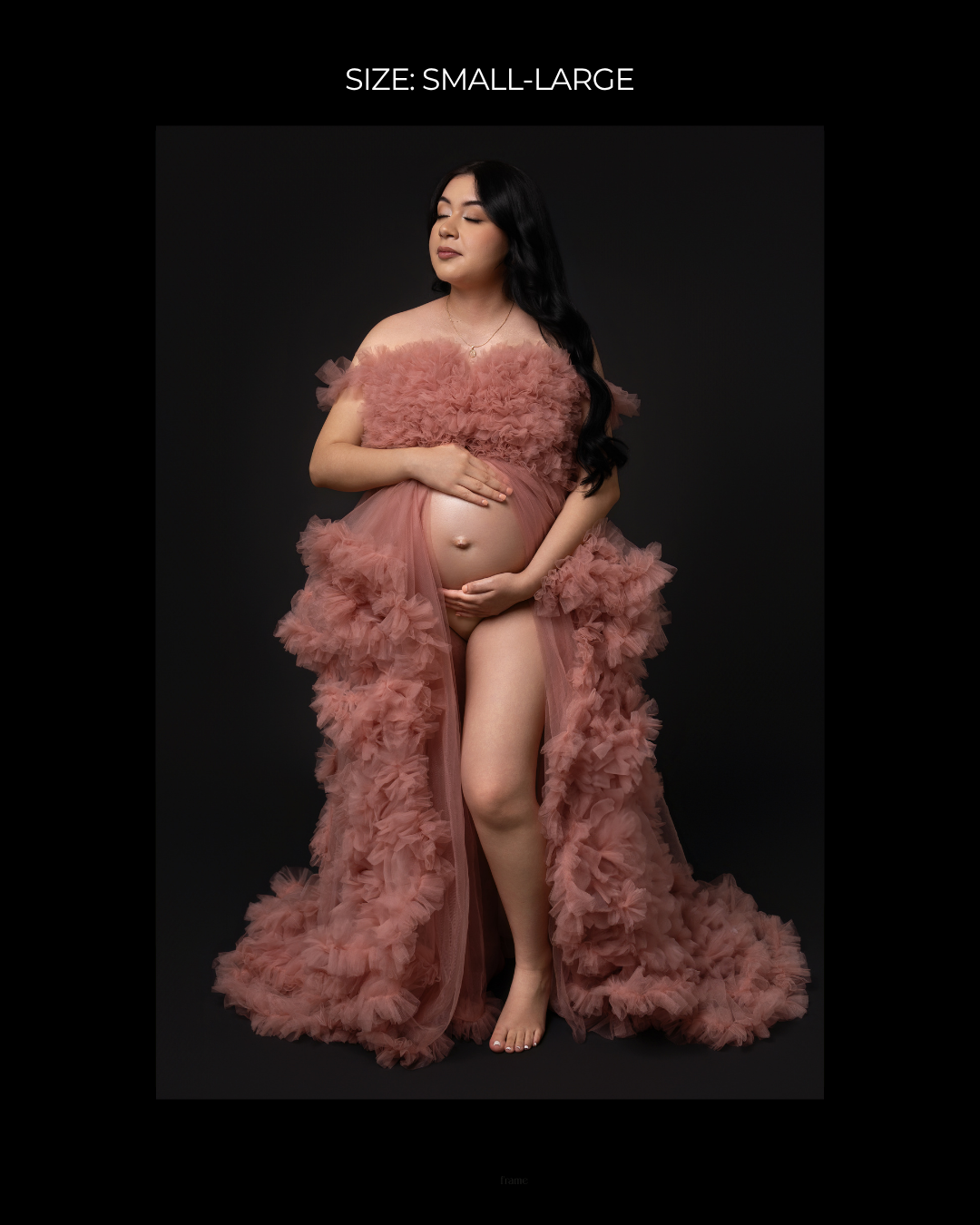 Pregnant woman in dusty rose tulle maternity gown, off-shoulder ruffled dress, size small-large, studio photo.