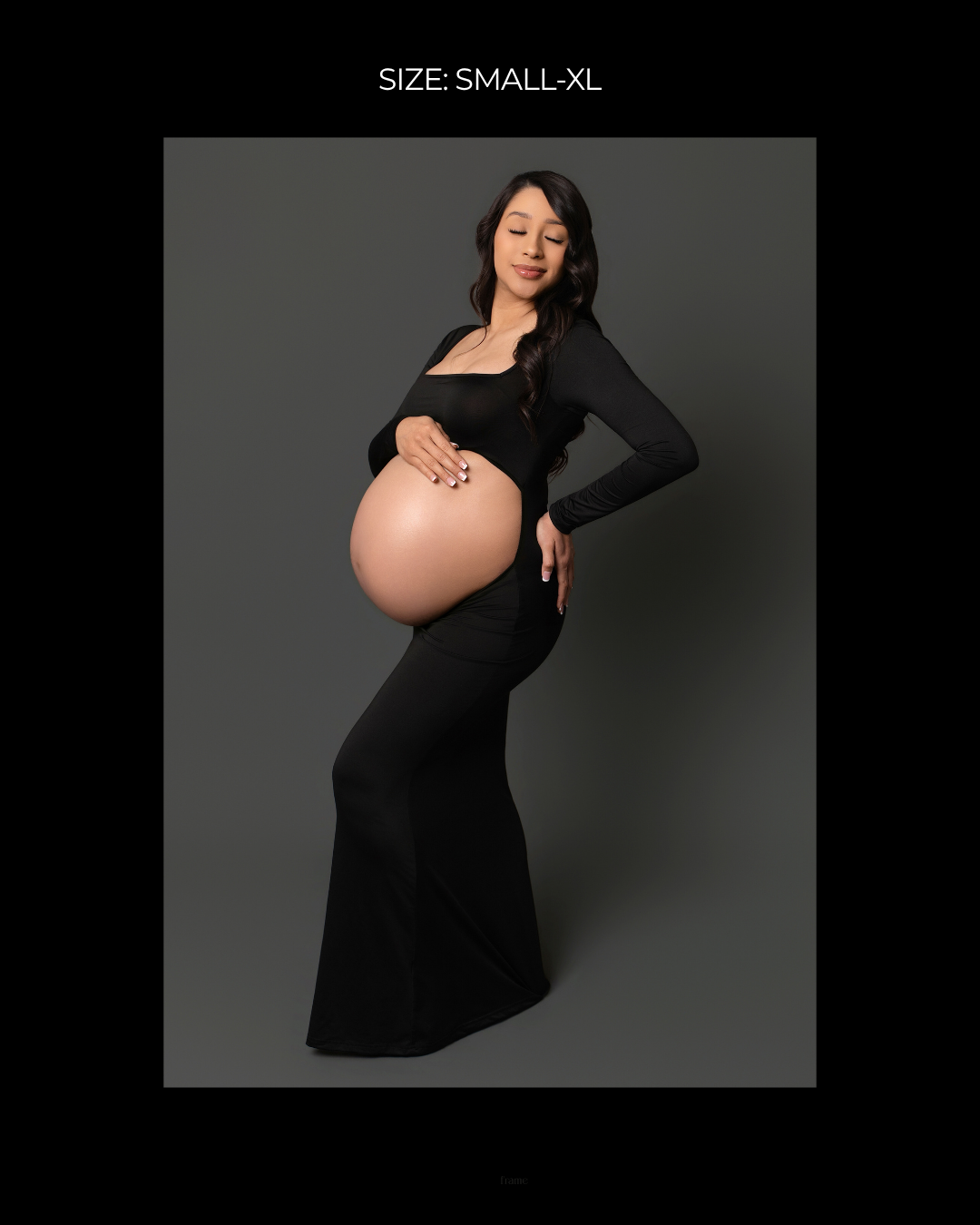 Pregnant woman in black off-shoulder long-sleeve maternity gown with mermaid skirt, sizes small to XL.