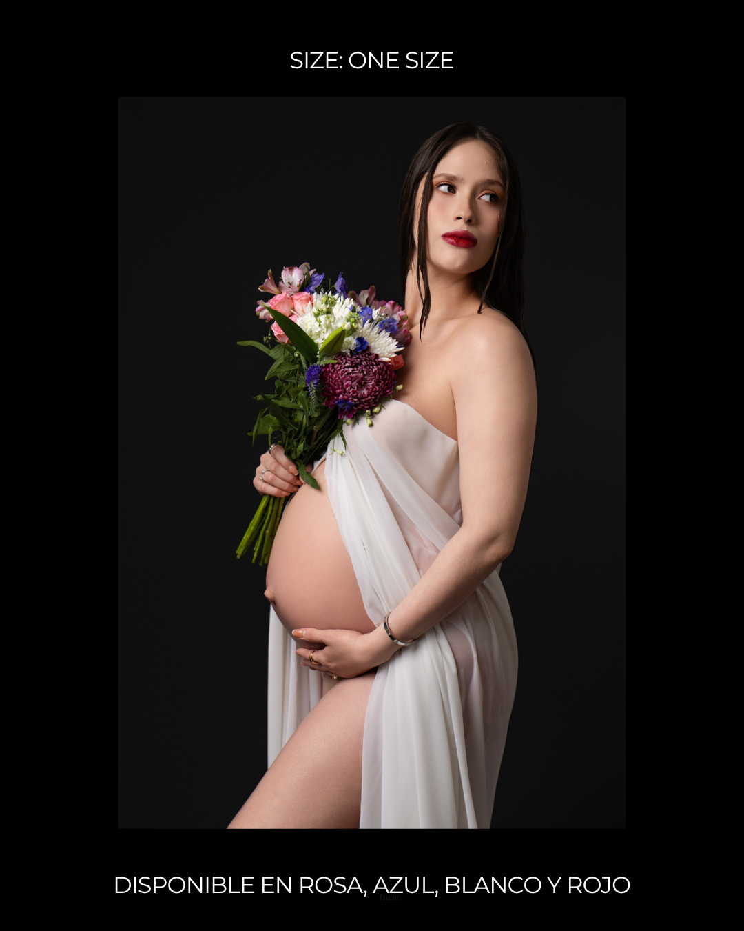 Pregnant woman in sheer white draped fabric holding colorful flower bouquet, available in pink, blue, white, and red, one size.