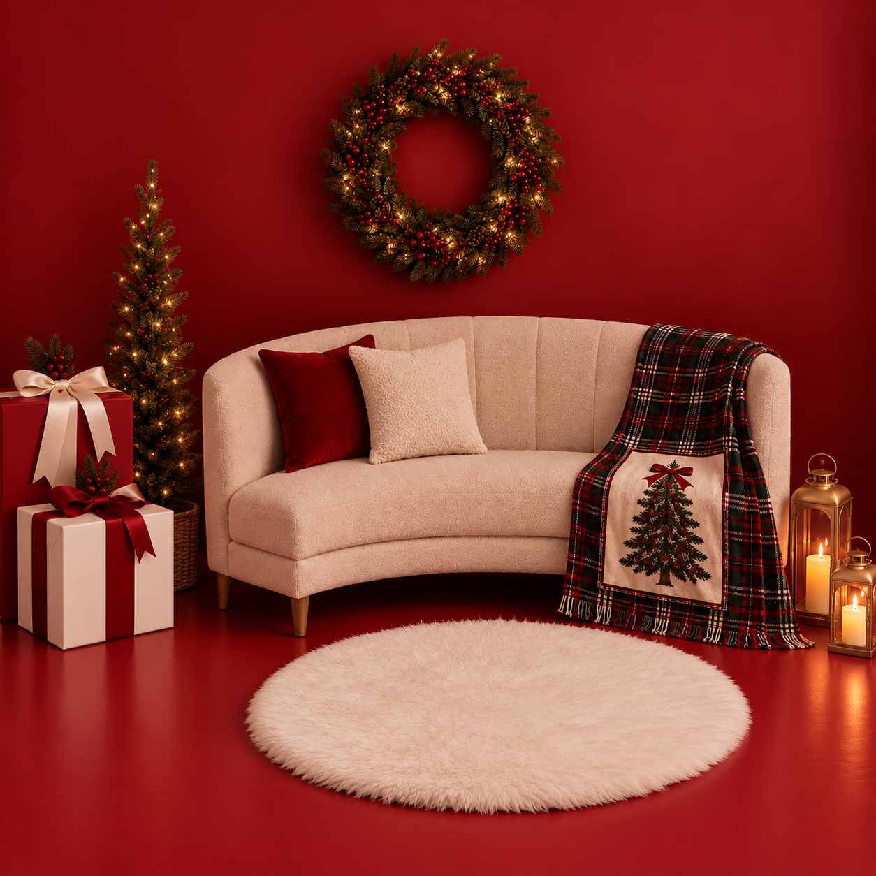 Festive Christmas living room with beige sofa, plaid throw, wreath, gifts, and candles on a red background.