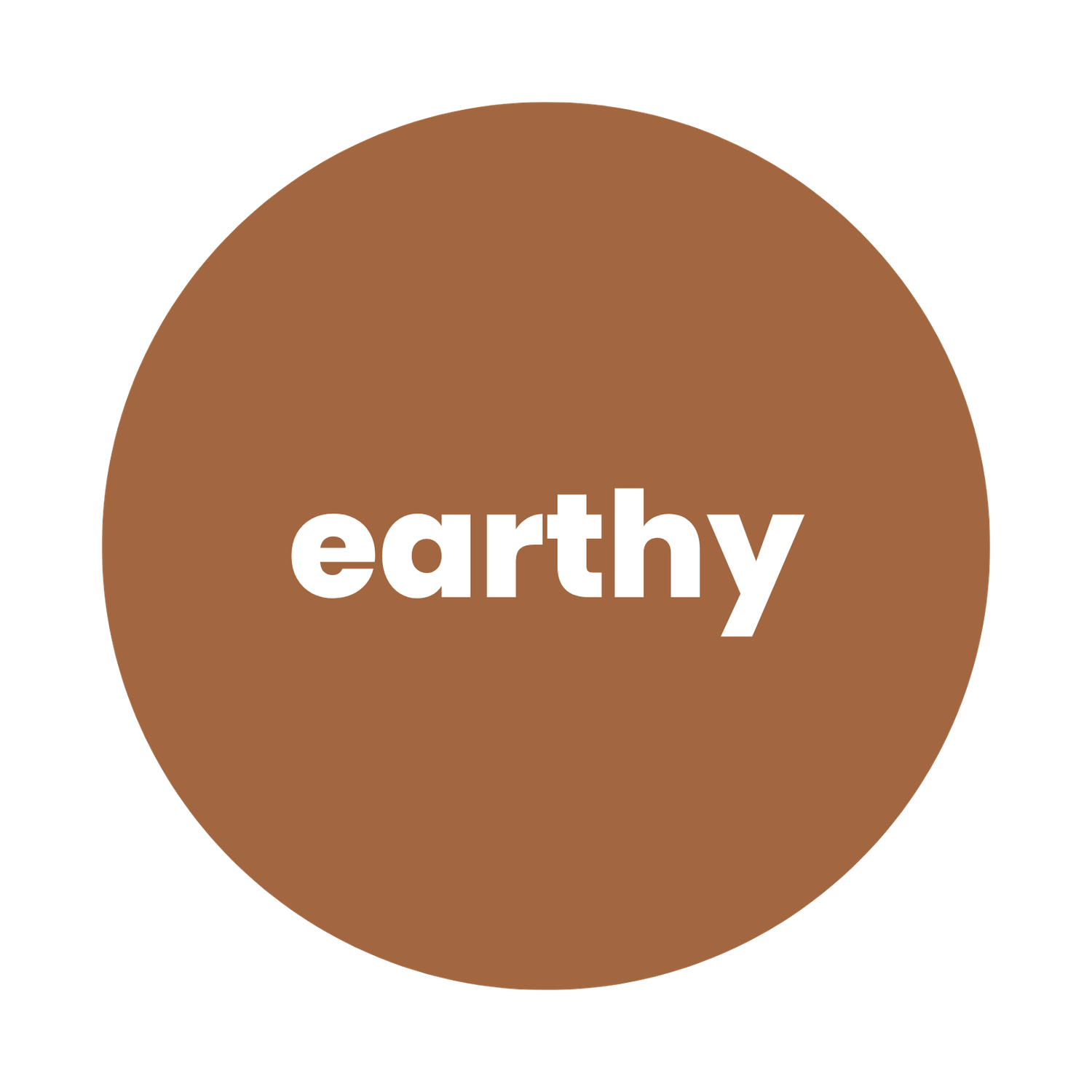 A round earthy brown circle with the word 'earthy' written in white bold font in the center.