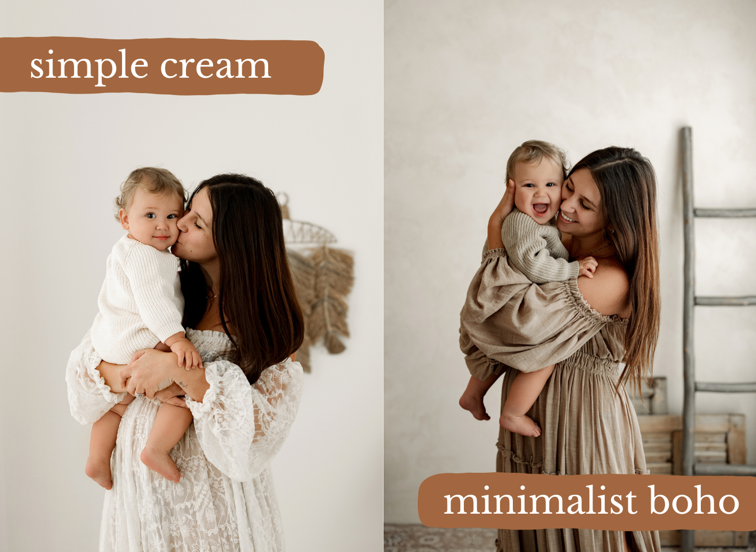 A mother in white lace dress kisses her baby while another photo shows mom in boho dress holding toddler.