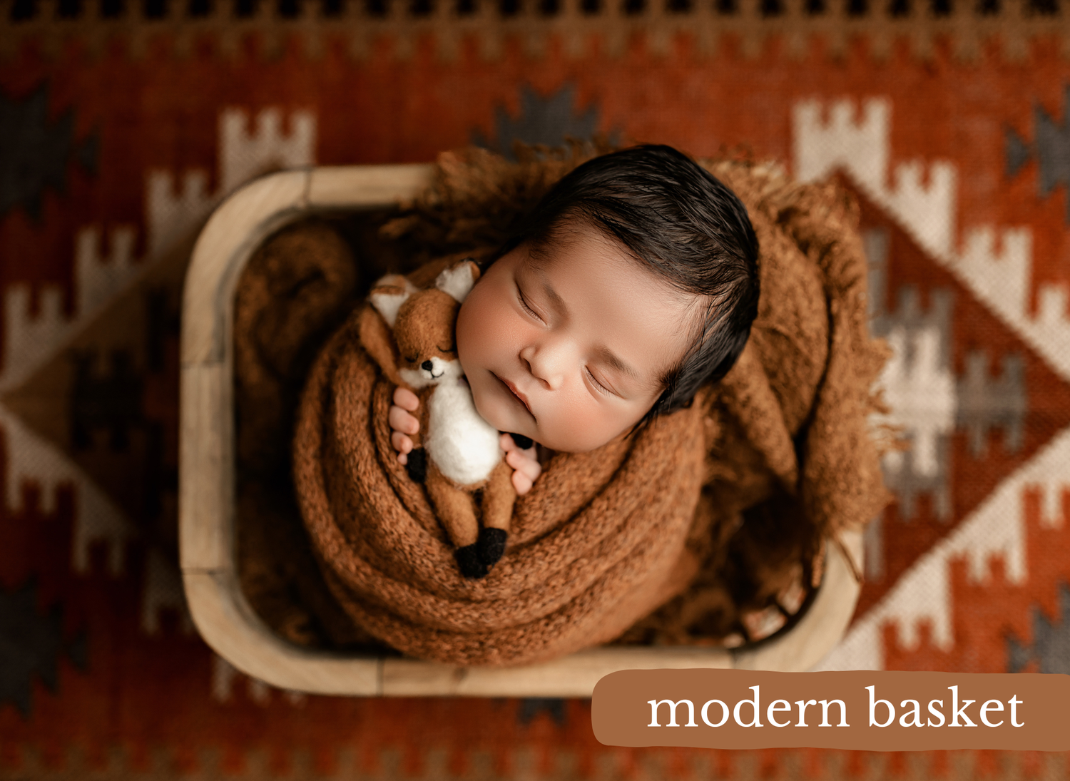 Eight connected lifestyle images of a newborn baby sleeping peacefully in soft brown blankets and woven baskets.