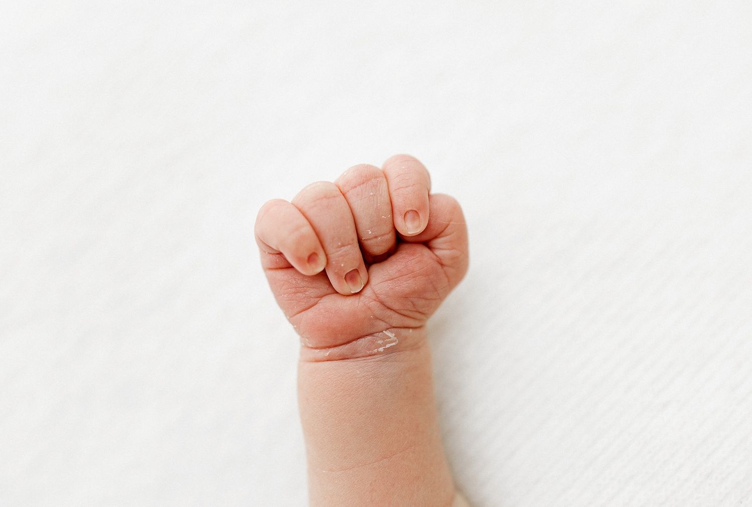 Three small baby fists raised up against a white background showing strength and determination.