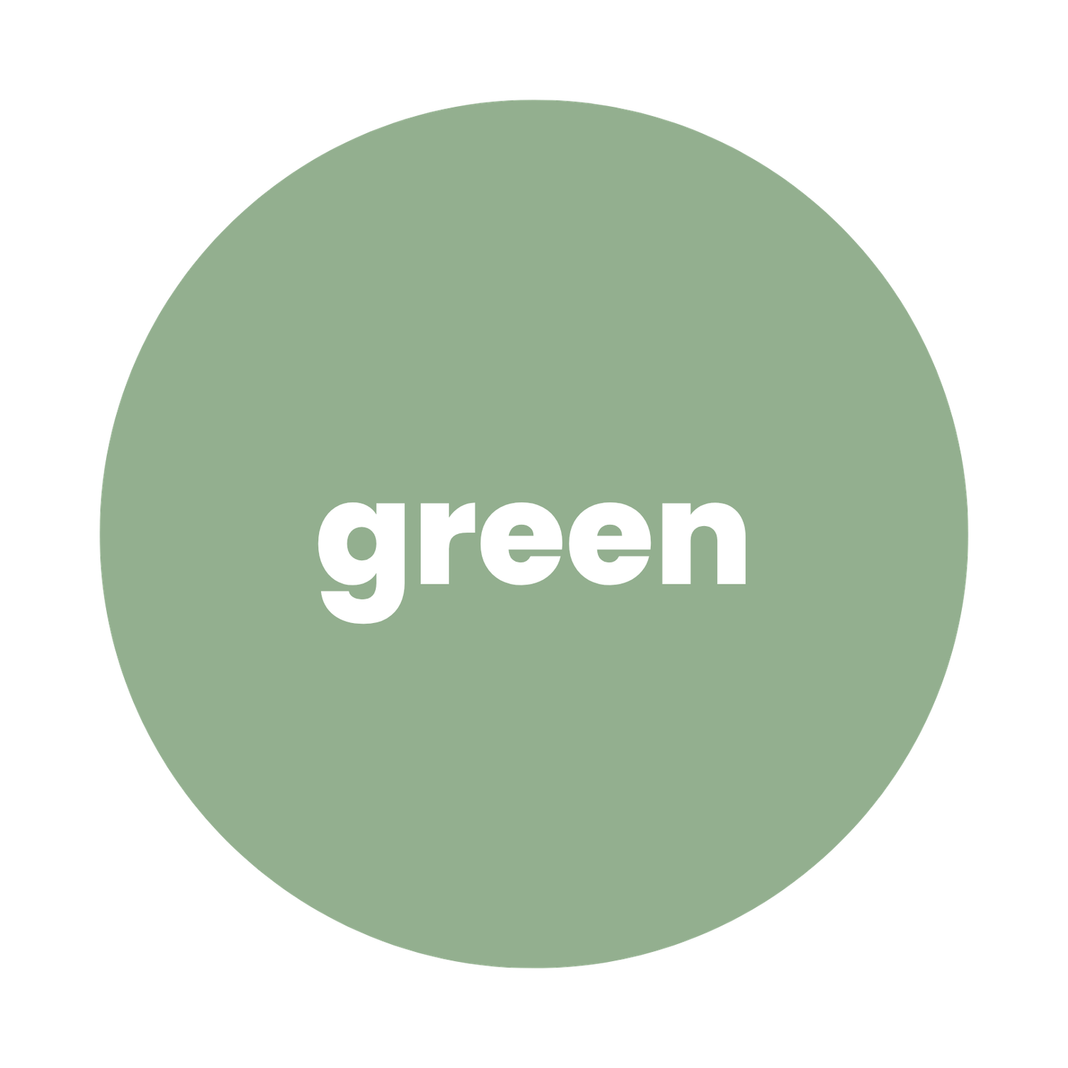 A muted sage green circle with the word green in bold white text centered on a white background.
