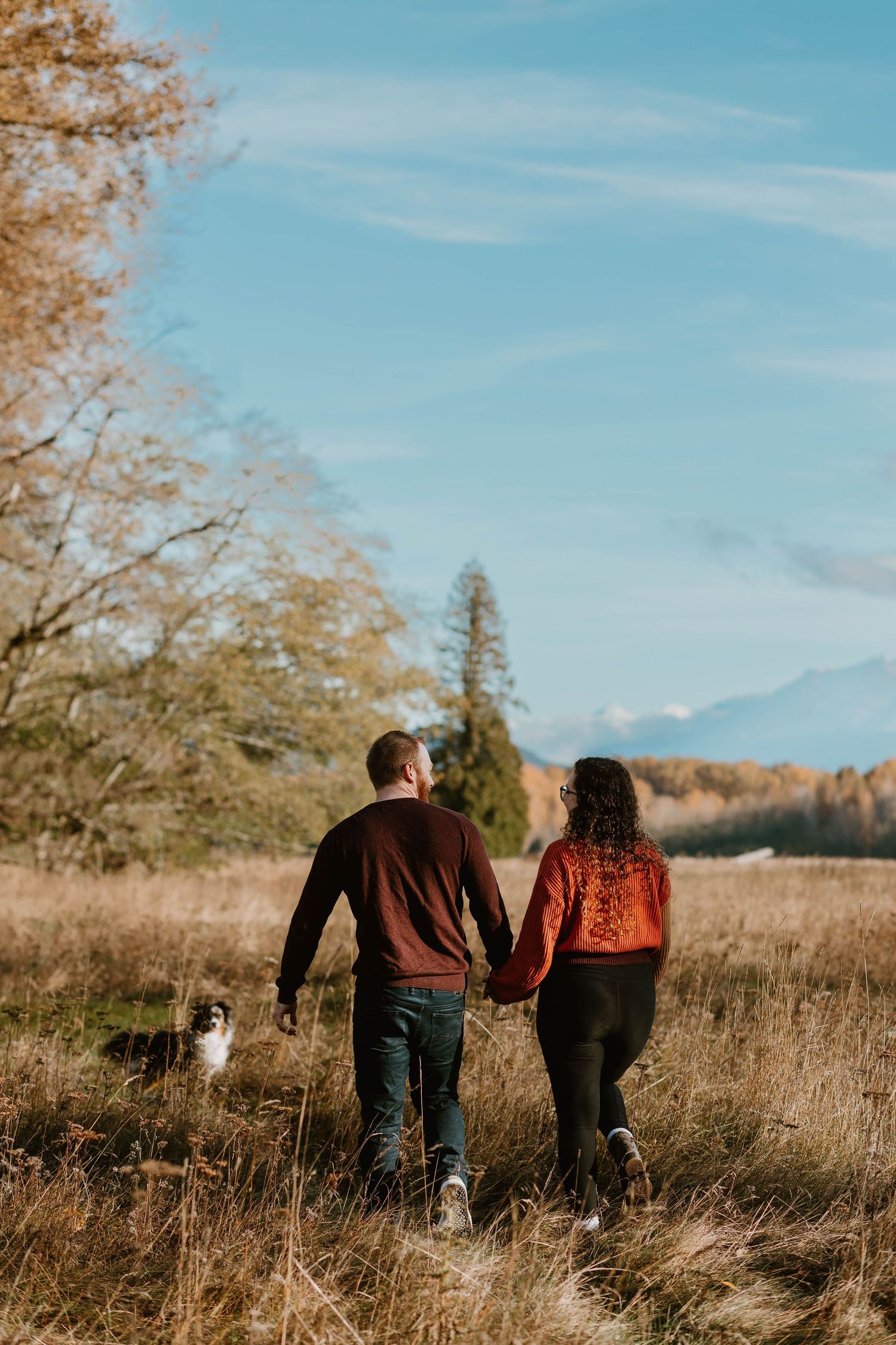 A couple walks hand in hand through a golden autumn field on a sunny day with blue skies overhead.