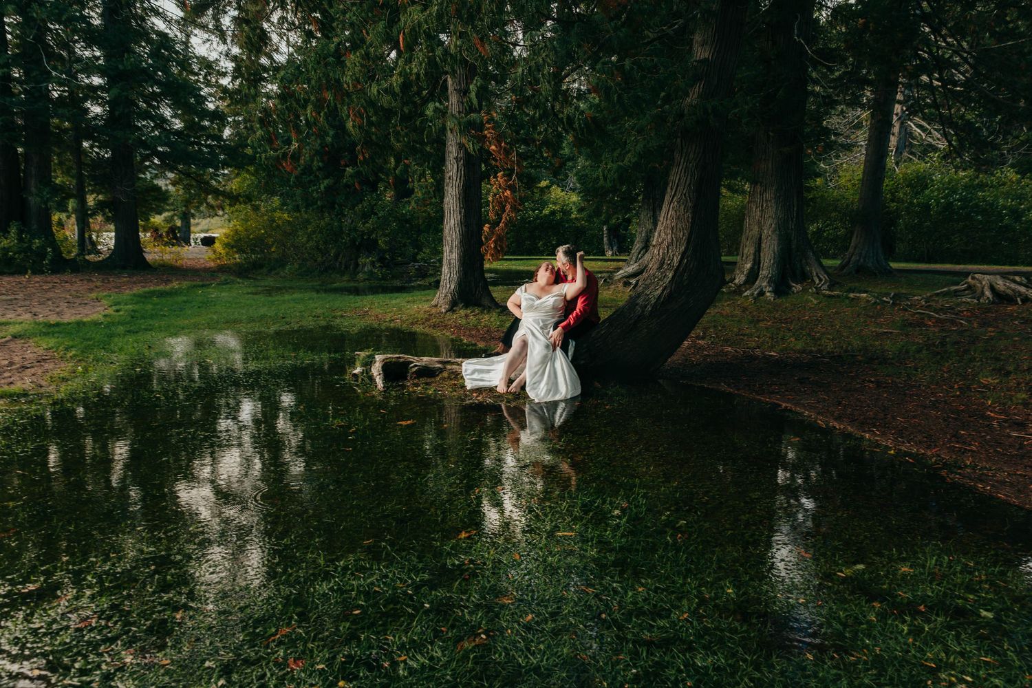 A couple sits together on a fallen tree trunk reflecting in a serene forest pond.