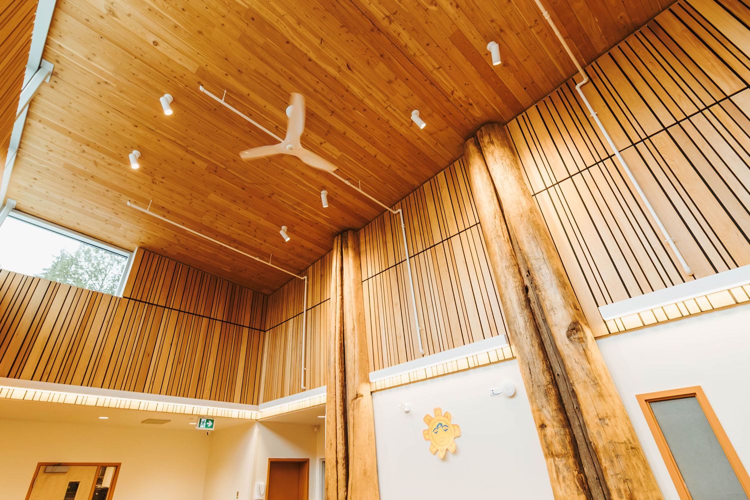 Wooden-paneled ceiling with modern lighting fixtures and skylights in an institutional space.