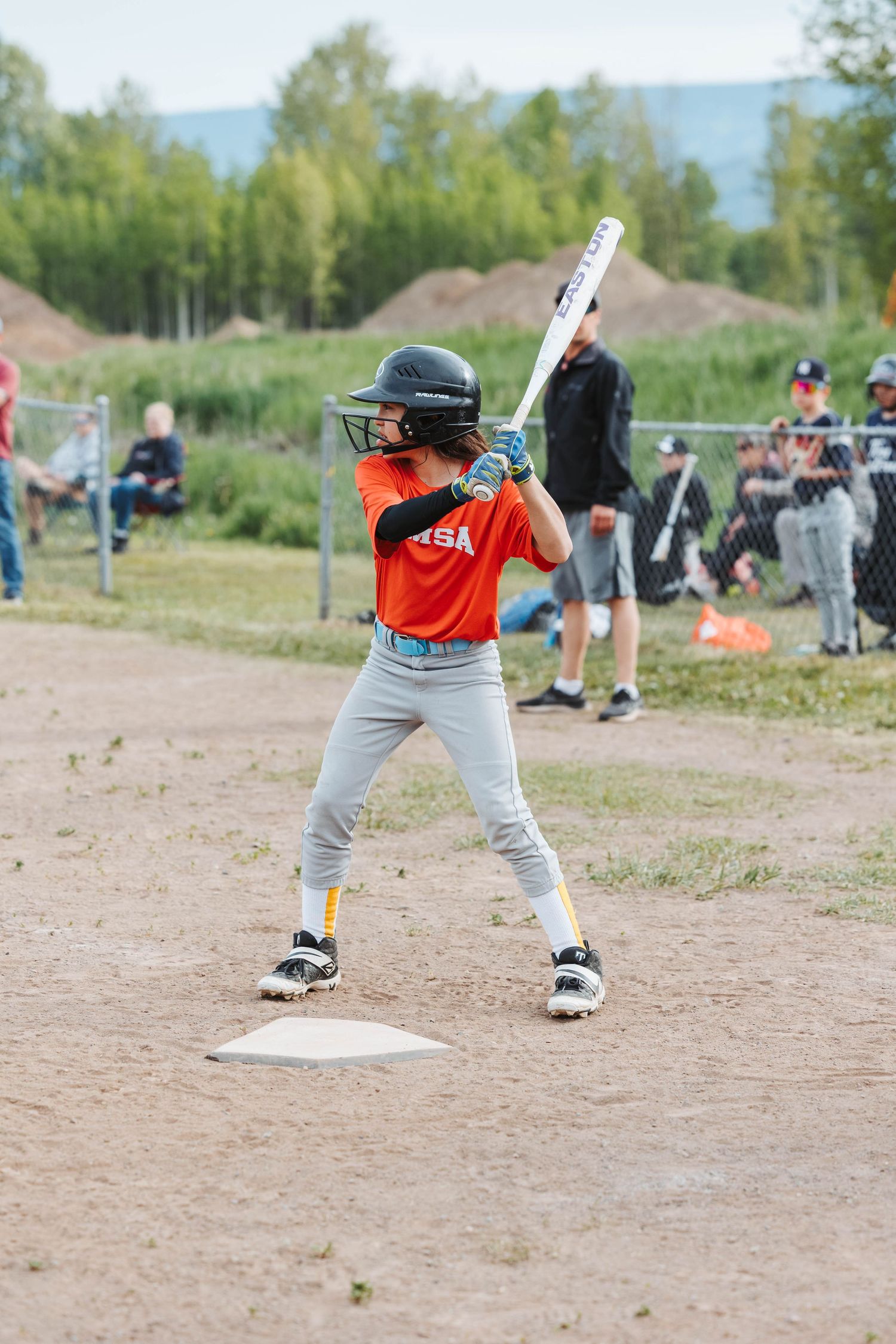 Youth baseball player in batting stance at home plate during game with mountain scenery.