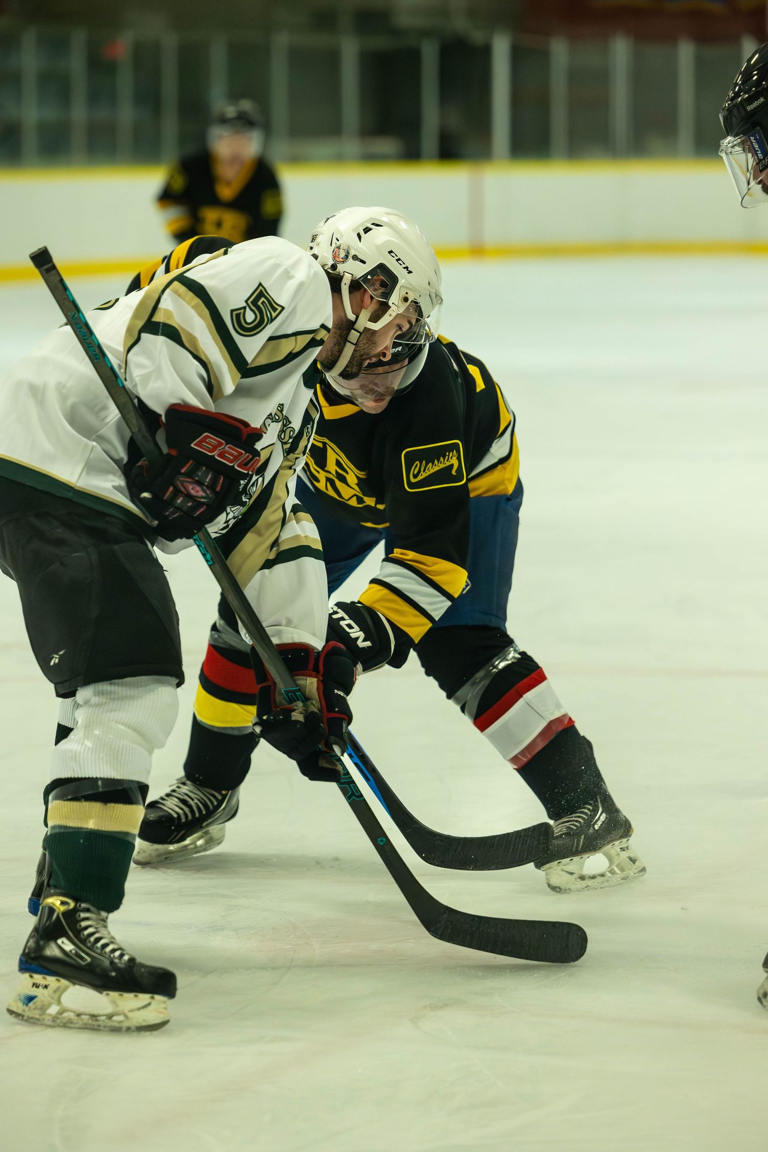 Two players from opposing teams compete for puck control during an intense hockey game.