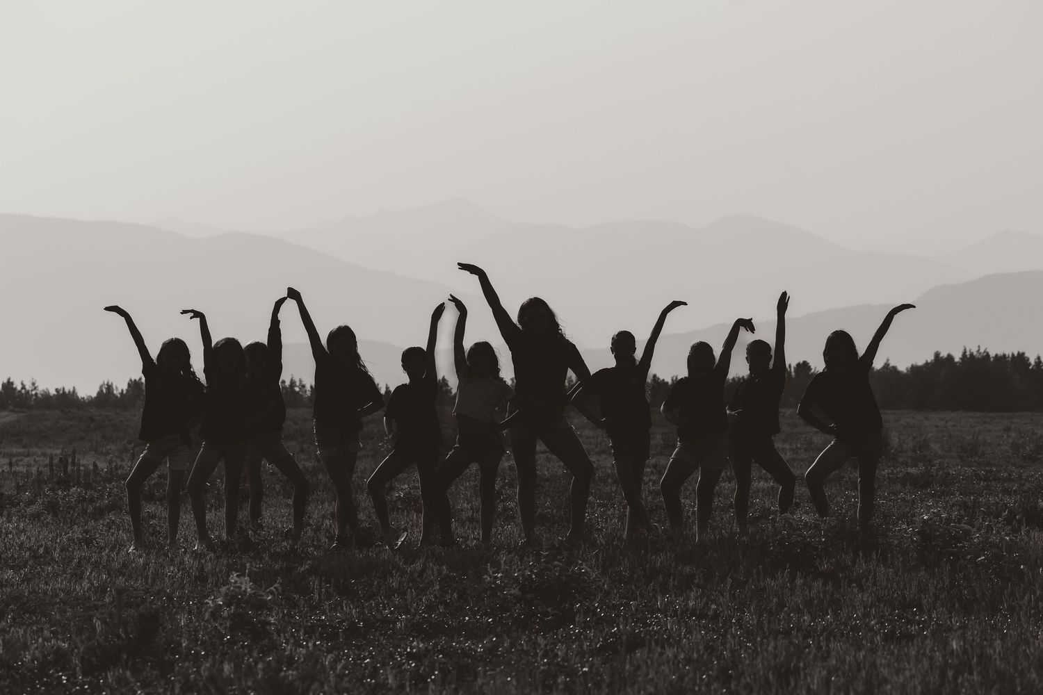 A black and white film strip shows multiple frames of dinosaur silhouettes on a hilltop against a cloudy sky.