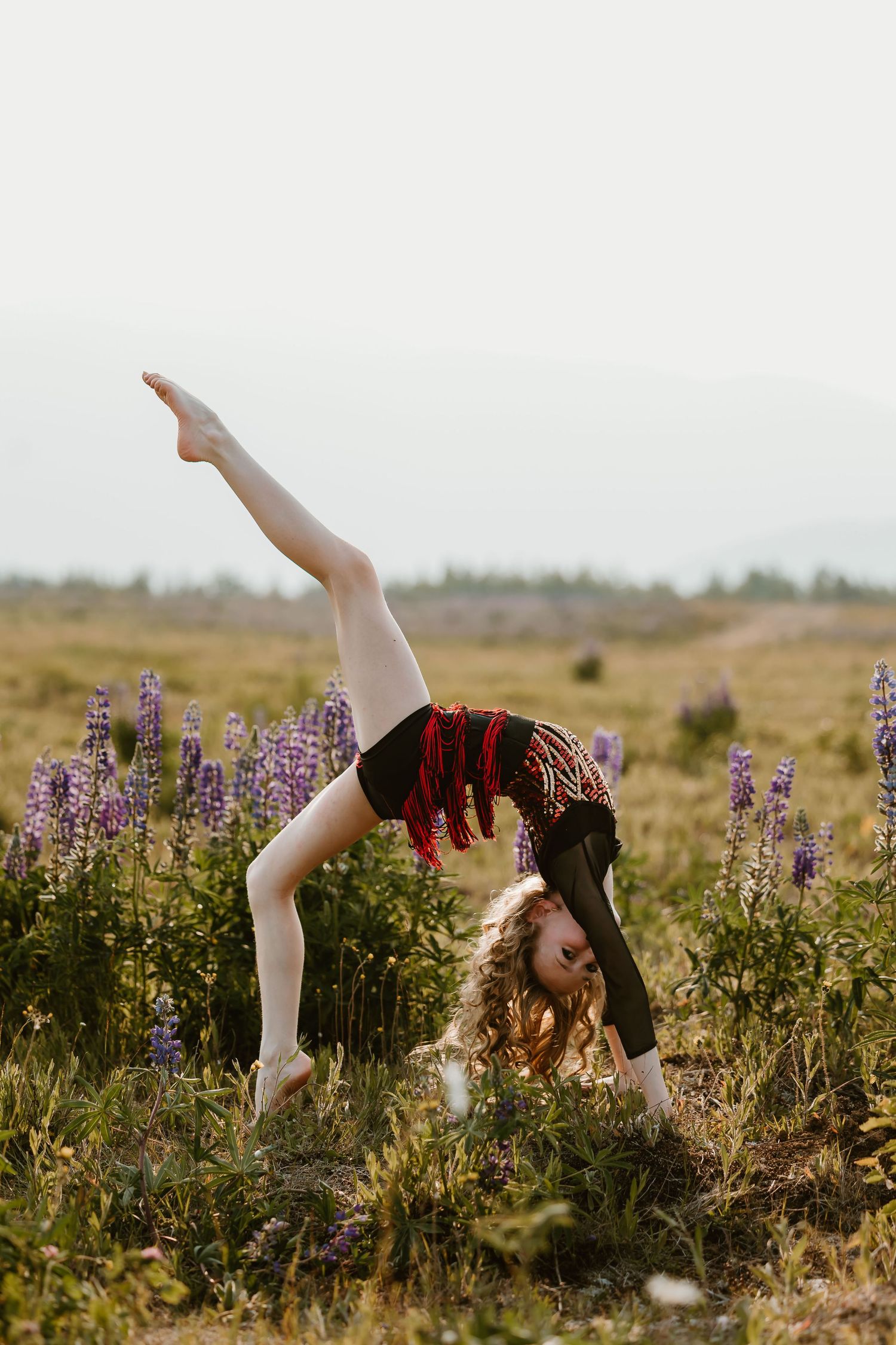 A gymnast performs a graceful split handstand pose among blooming purple wildflowers in a rural field at sunset.