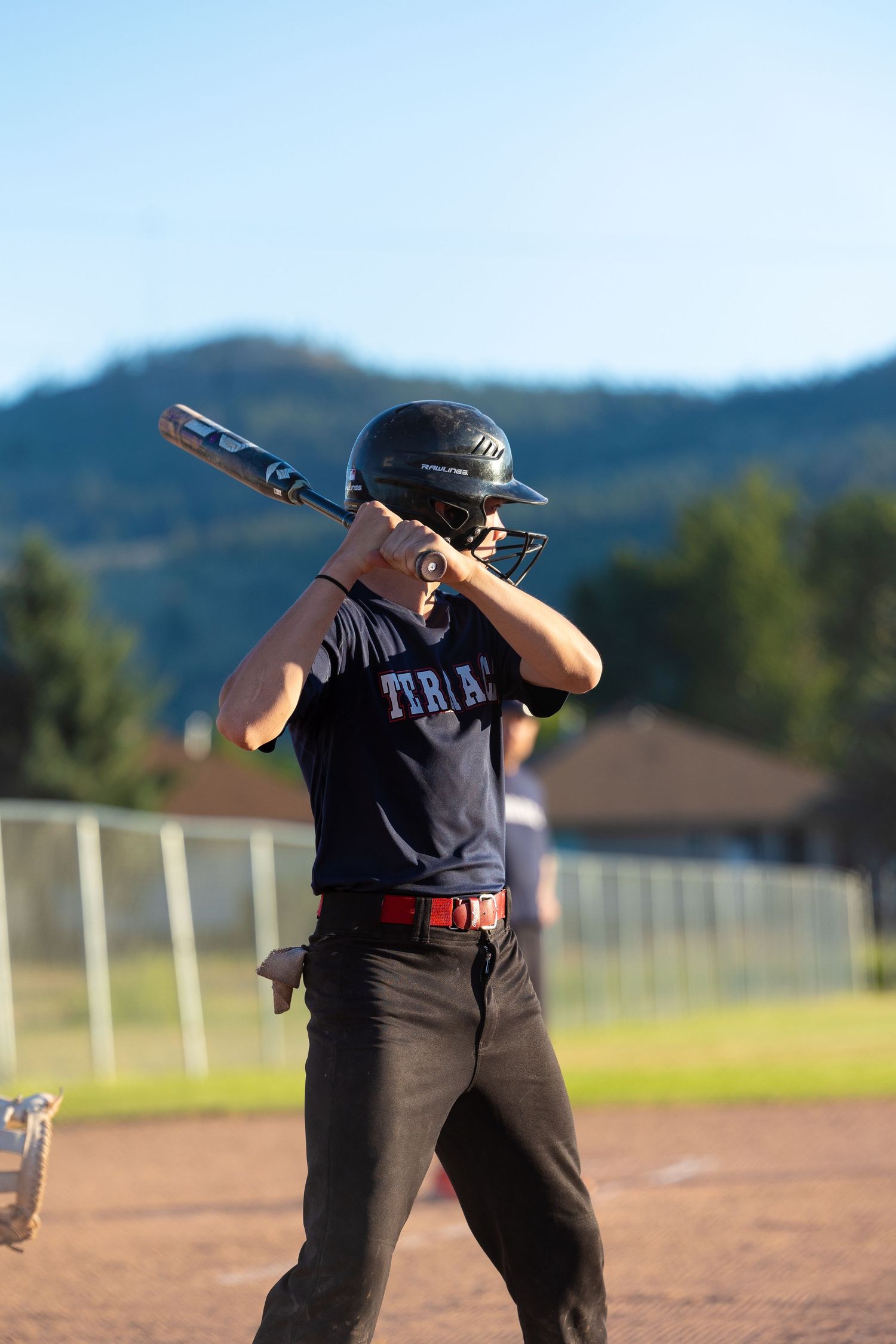 Baseball player in navy uniform at bat against mountain landscape background.