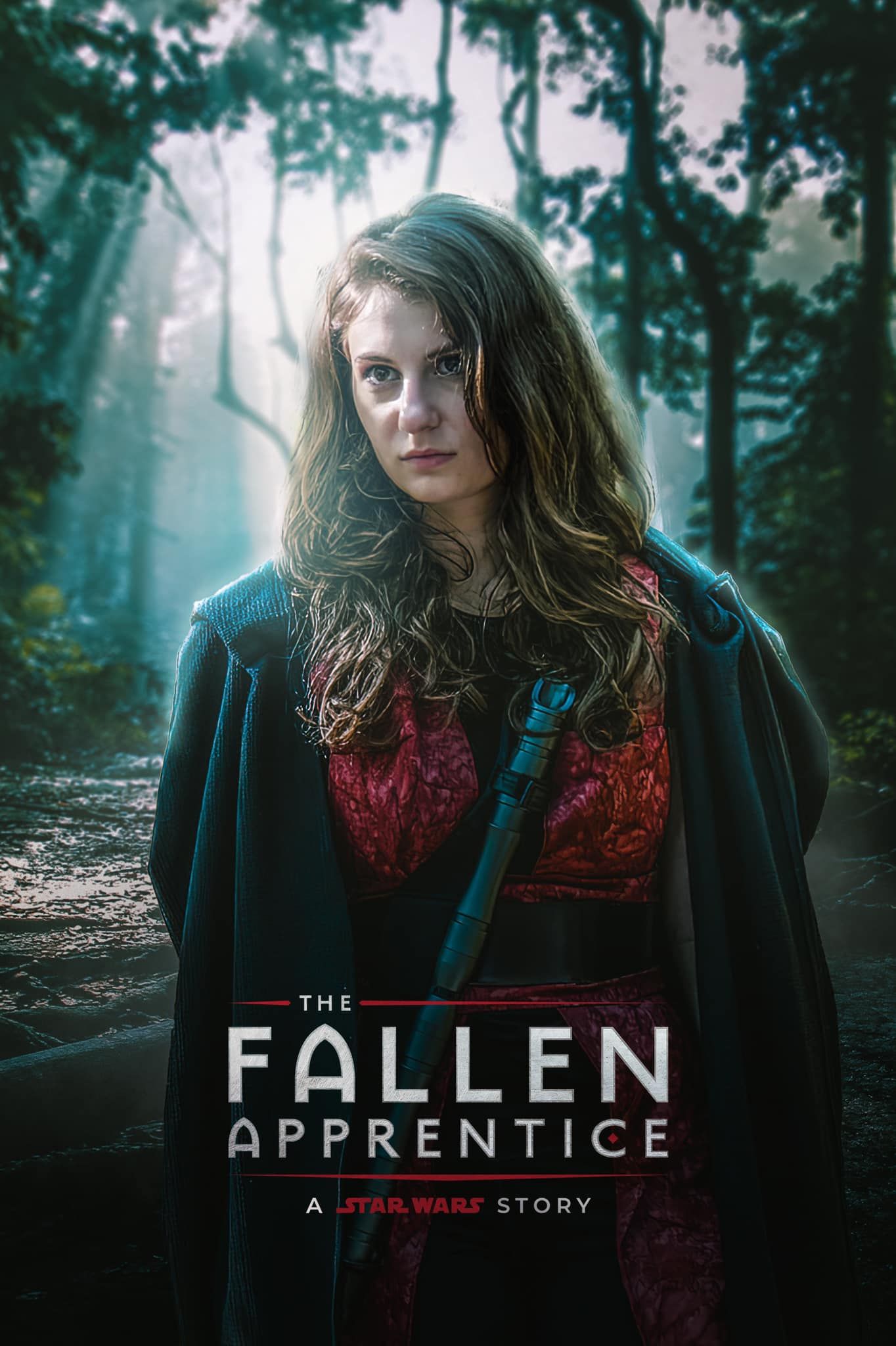 Movie poster style images showing a dark-robed figure with 'The Fallen Apprentice' Star Wars story title.