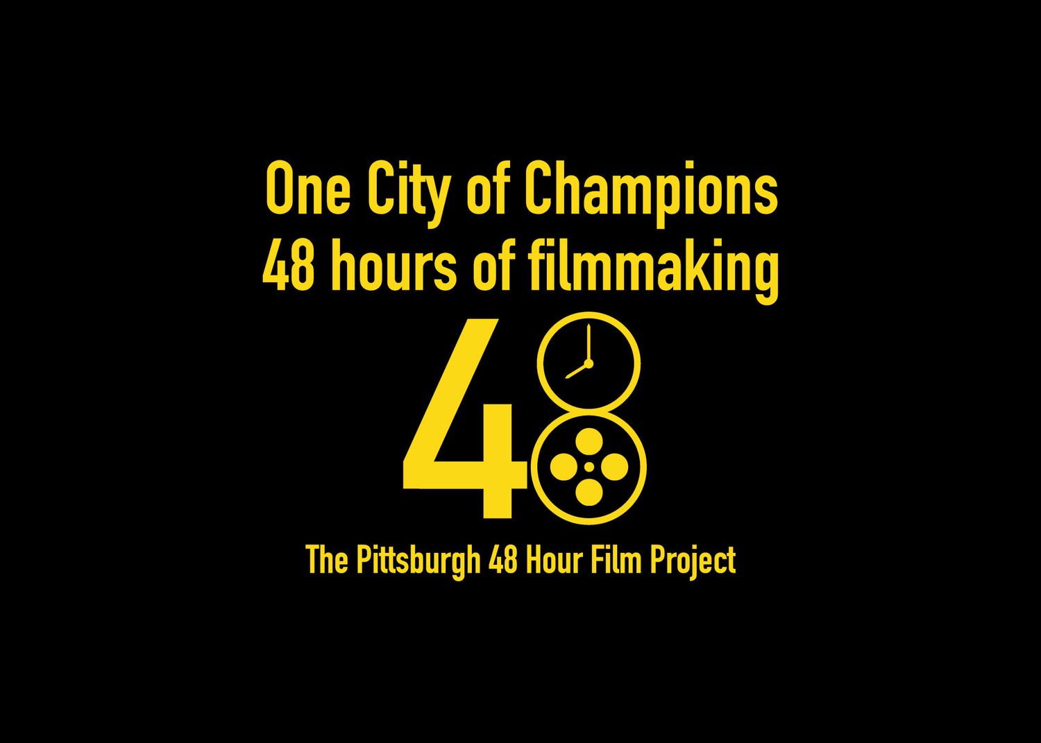 A black and yellow logo design featuring text '48 hours of filmmaking' with a clock icon for The Pittsburgh Film Project.