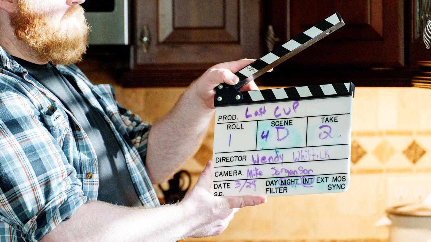 A movie clapperboard and hands holding filming equipment are shown in a collage of film production scenes.