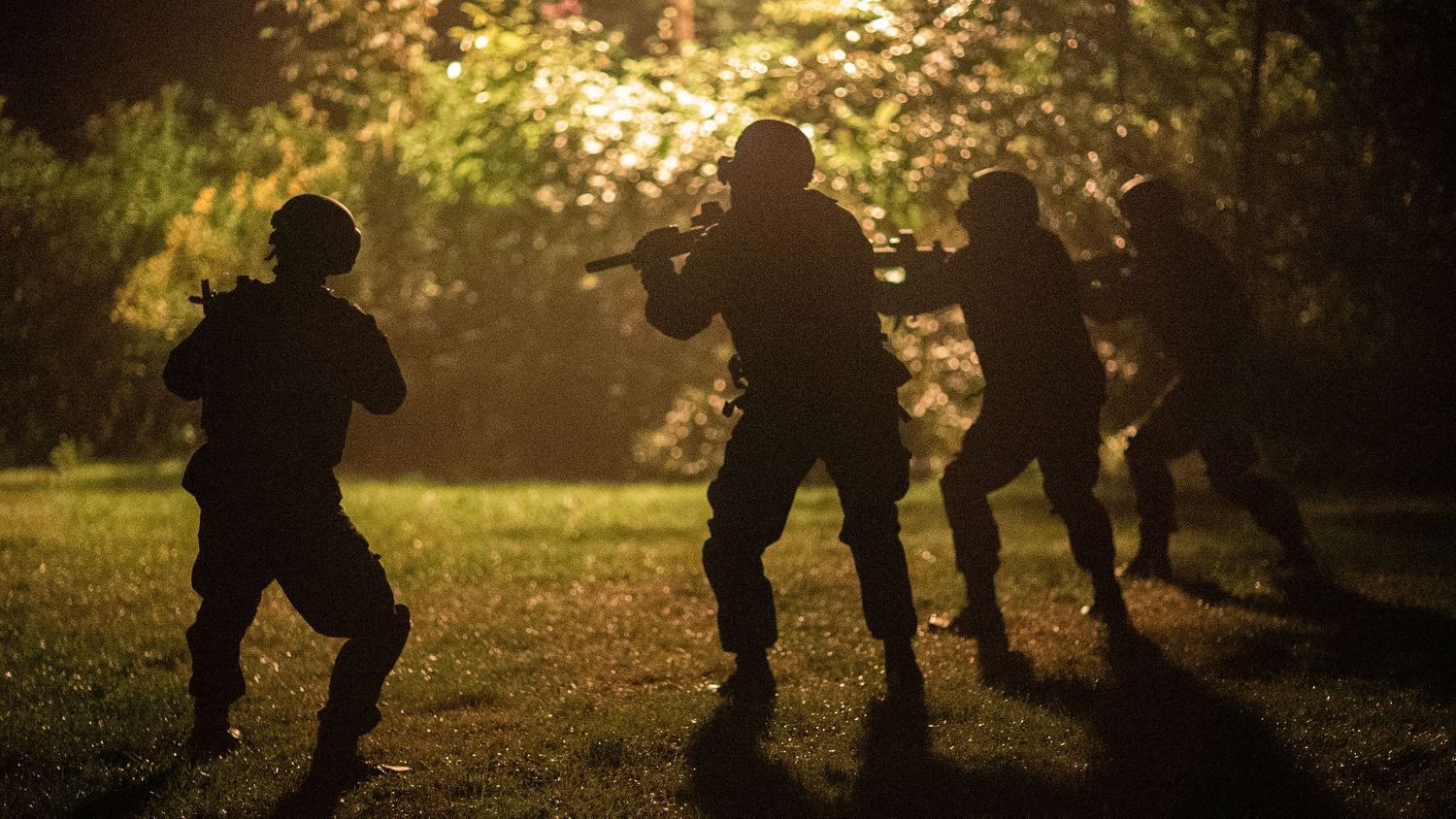 Silhouettes of people moving against a golden sunset background in an outdoor setting.
