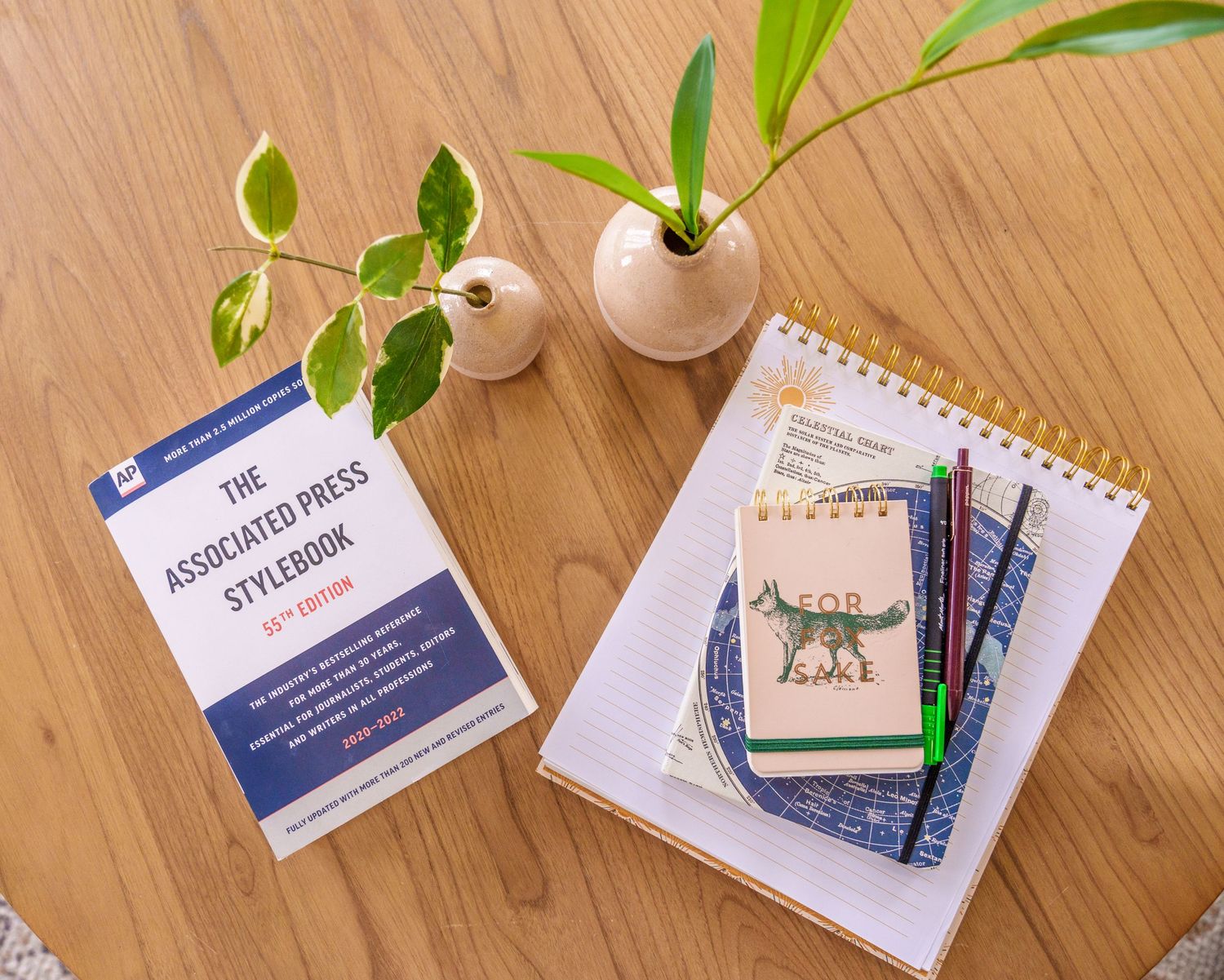 Notebook and self-help book arranged with small potted plants on wooden surface.