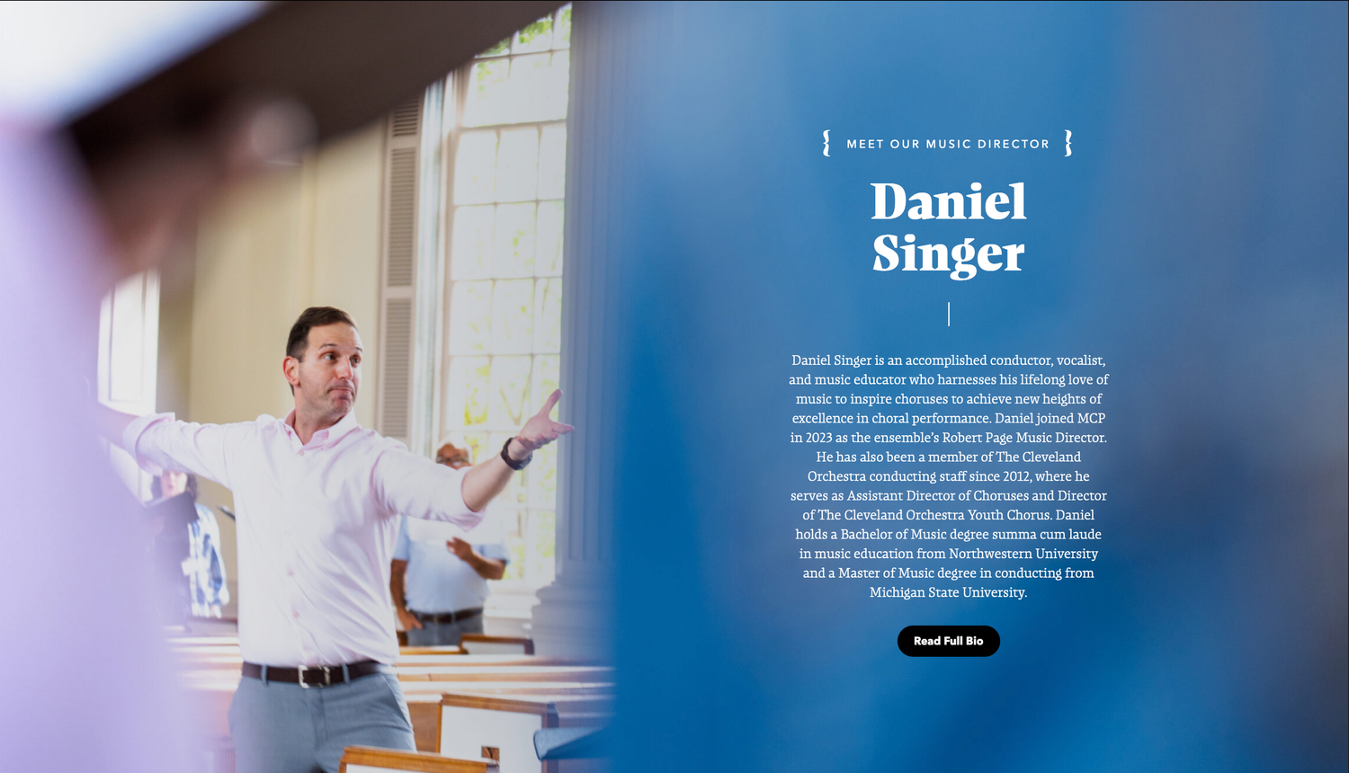 A series of website screenshots showing professional profile pages with blue and white design elements.