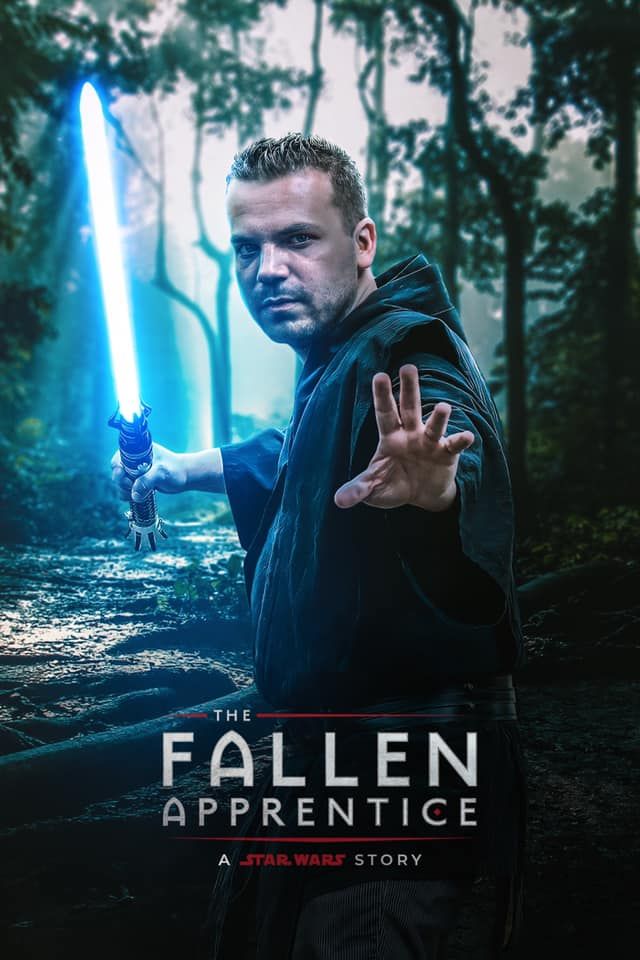 A dark moody promotional poster series for a Star Wars fan film titled 'Fallen: A Star Wars Story' featuring blue lightsabers.