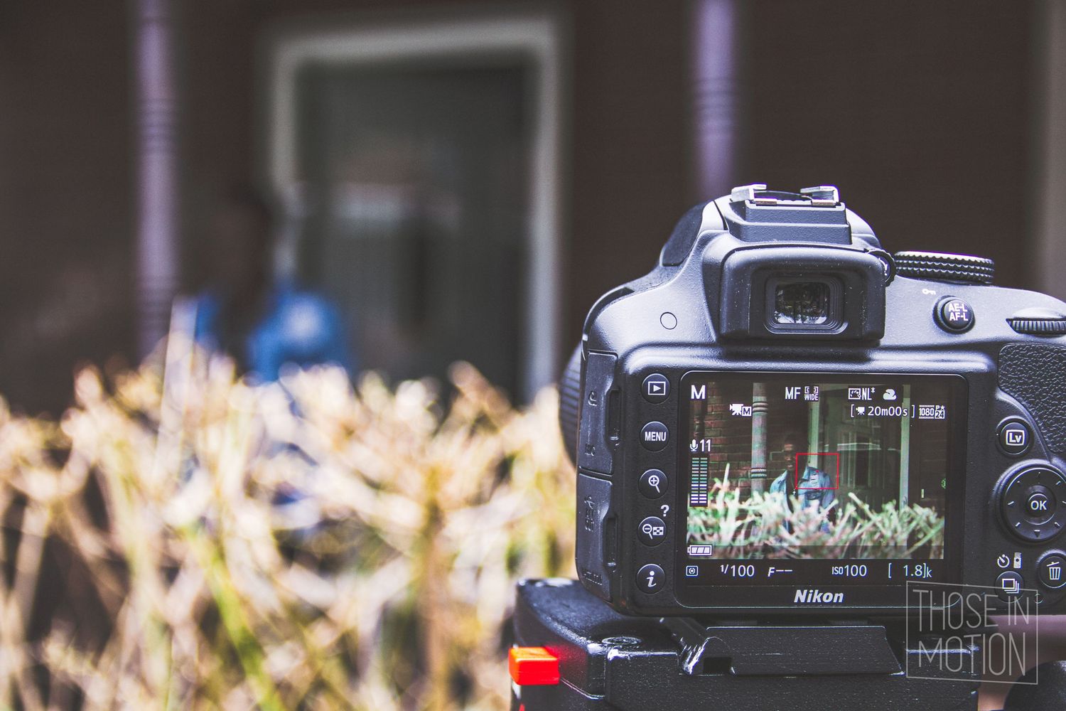 Nikon DSLR camera on tripod with LCD screen visible, photographing an outdoor garden scene with blurred background.