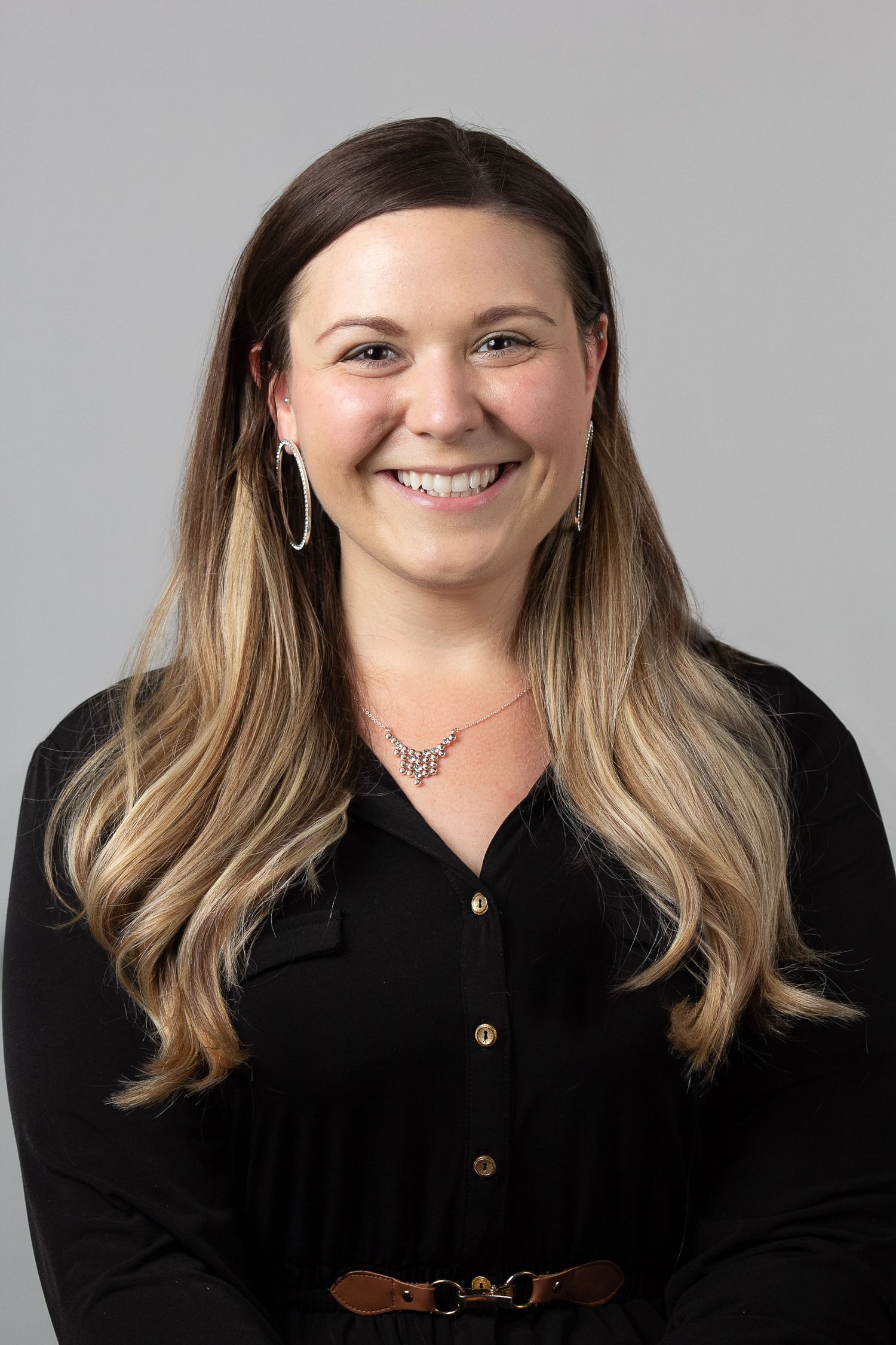 Professional headshot series showing a person in a black top with blonde hair against a gray background.