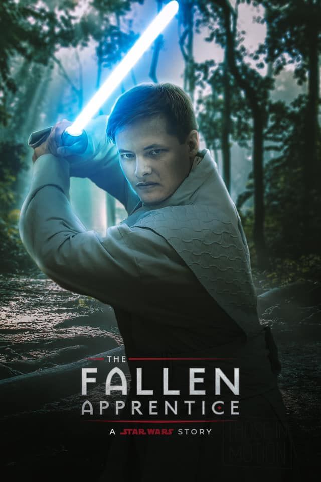 Dramatic movie poster sequence showing a figure with a blue lightsaber and 'The Fallen Apprentice' title.