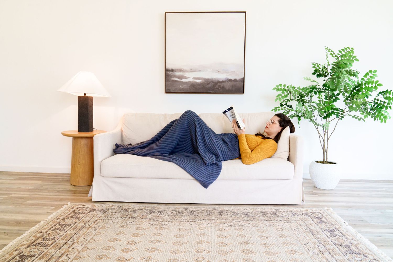 Cozy living room setup with white couch, artwork, and decorative plant.