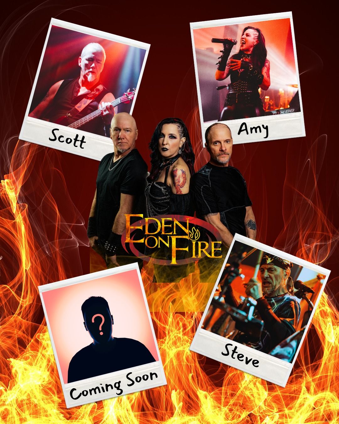 Promotional collage of rock band Eden on Fire featuring polaroid-style photos of performers against a flaming background.
