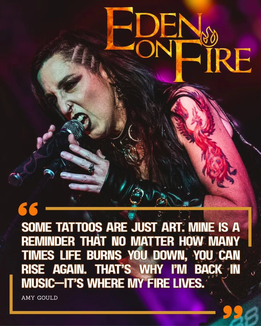 Series of performance photos with overlaid text quotes about tattoos and music against dark backgrounds.