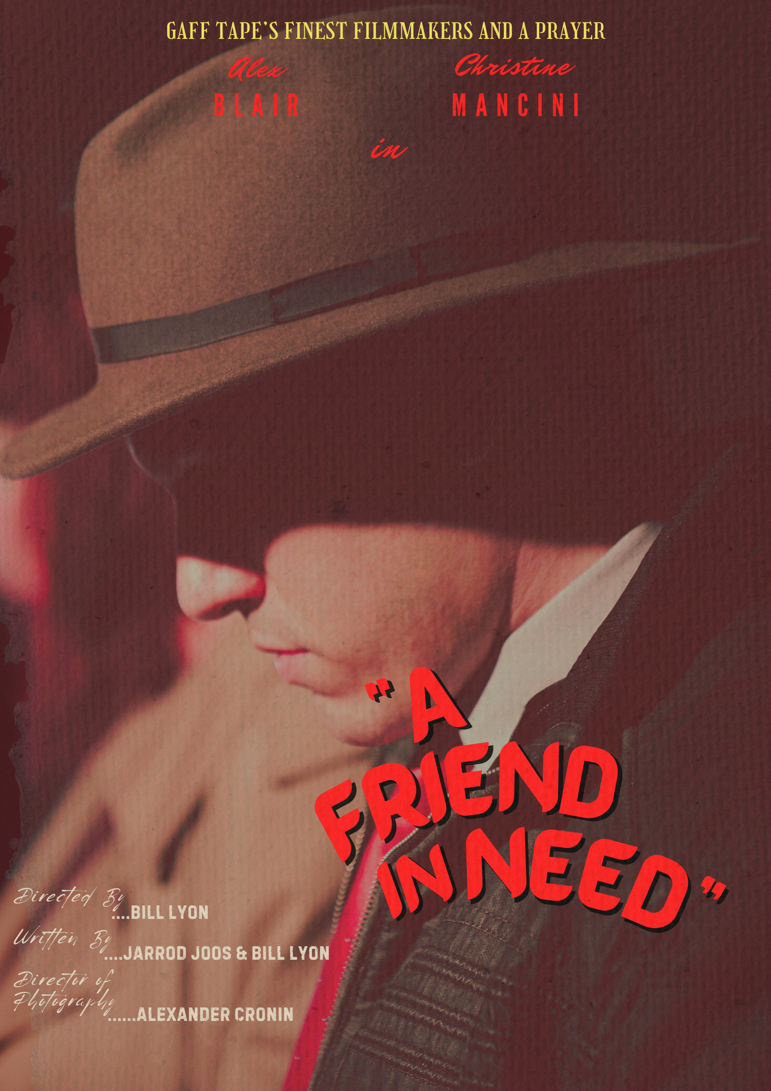 Noir-style movie poster design with red text overlay and moody lighting effects.