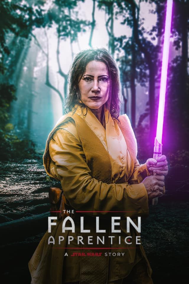 Movie poster style images of someone in yellow holding a purple lightsaber with 'The Fallen Apprentice' title.