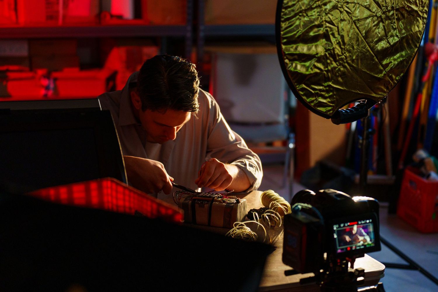 Dramatic lighting creates moody silhouettes of people working in a dimly lit space.