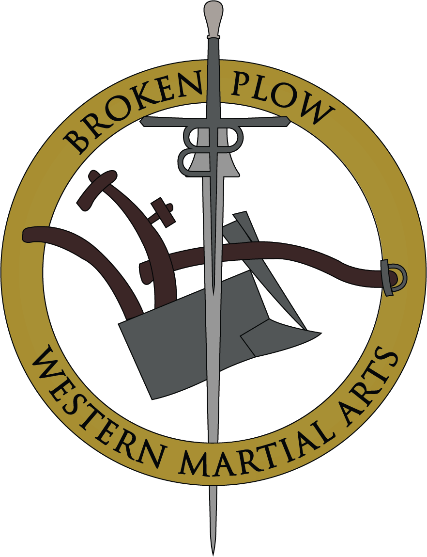 A circular logo for Broken Plow Western Martial Arts featuring a sword and plow design on a gold background.