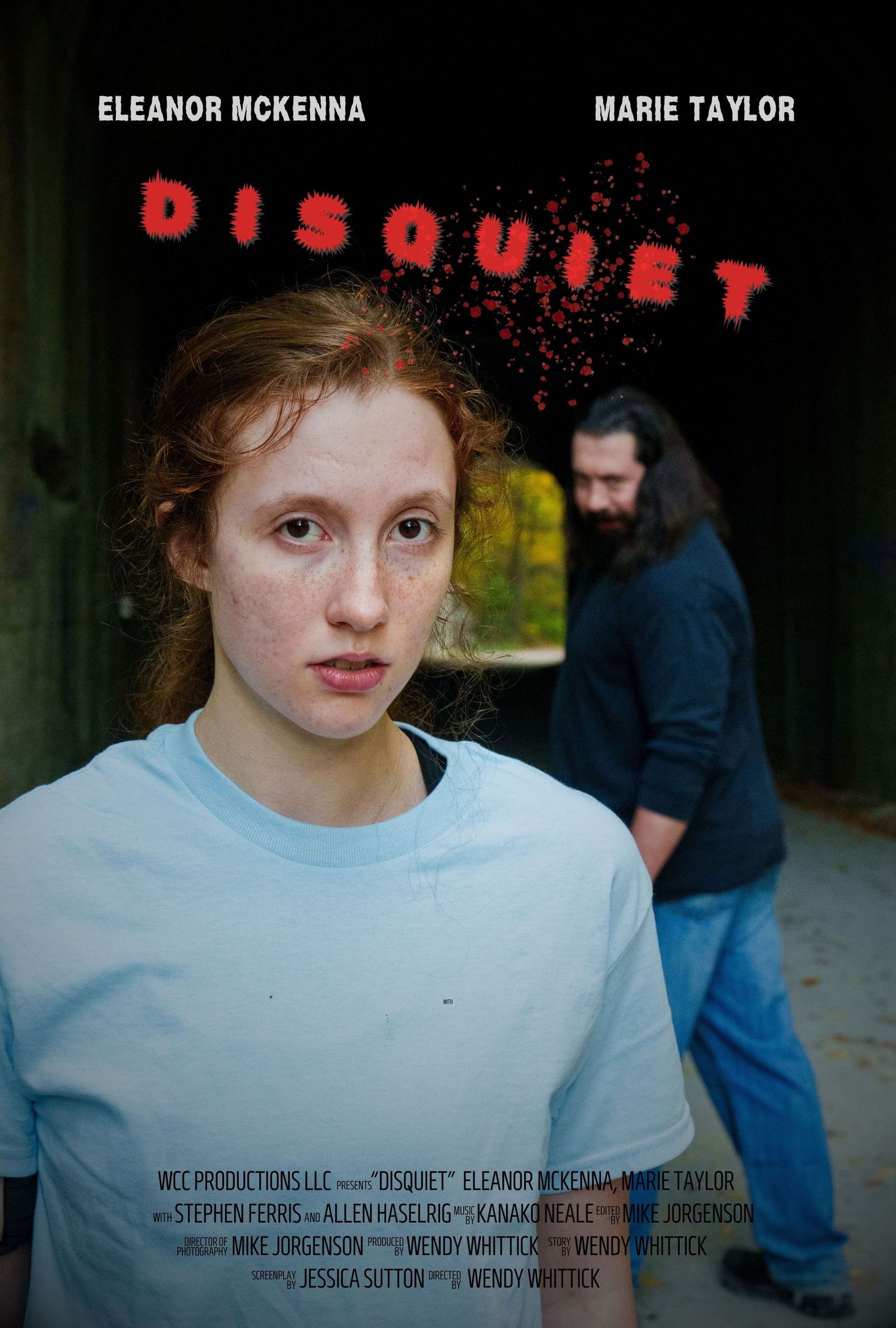 Movie poster for Disquiet featuring Eleanor McKenna and Marie Taylor, with a young girl in foreground and man behind her.