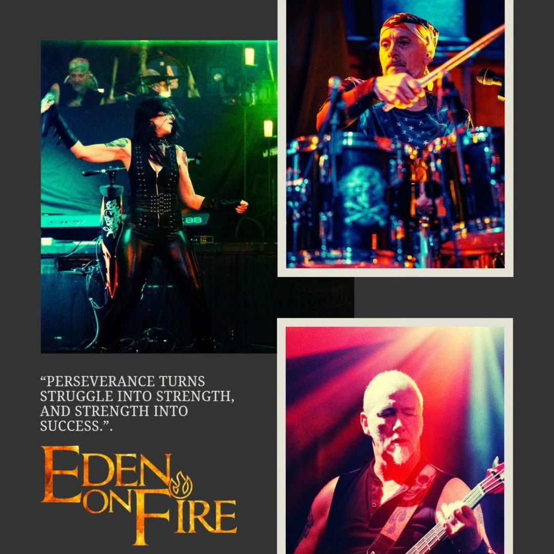 Rock band performs energetic concert with dramatic lighting and smoke effects on stage in dark venue.