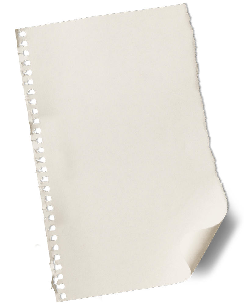 A blank torn notebook page with spiral holes on the left side and a curled bottom right corner on white background.