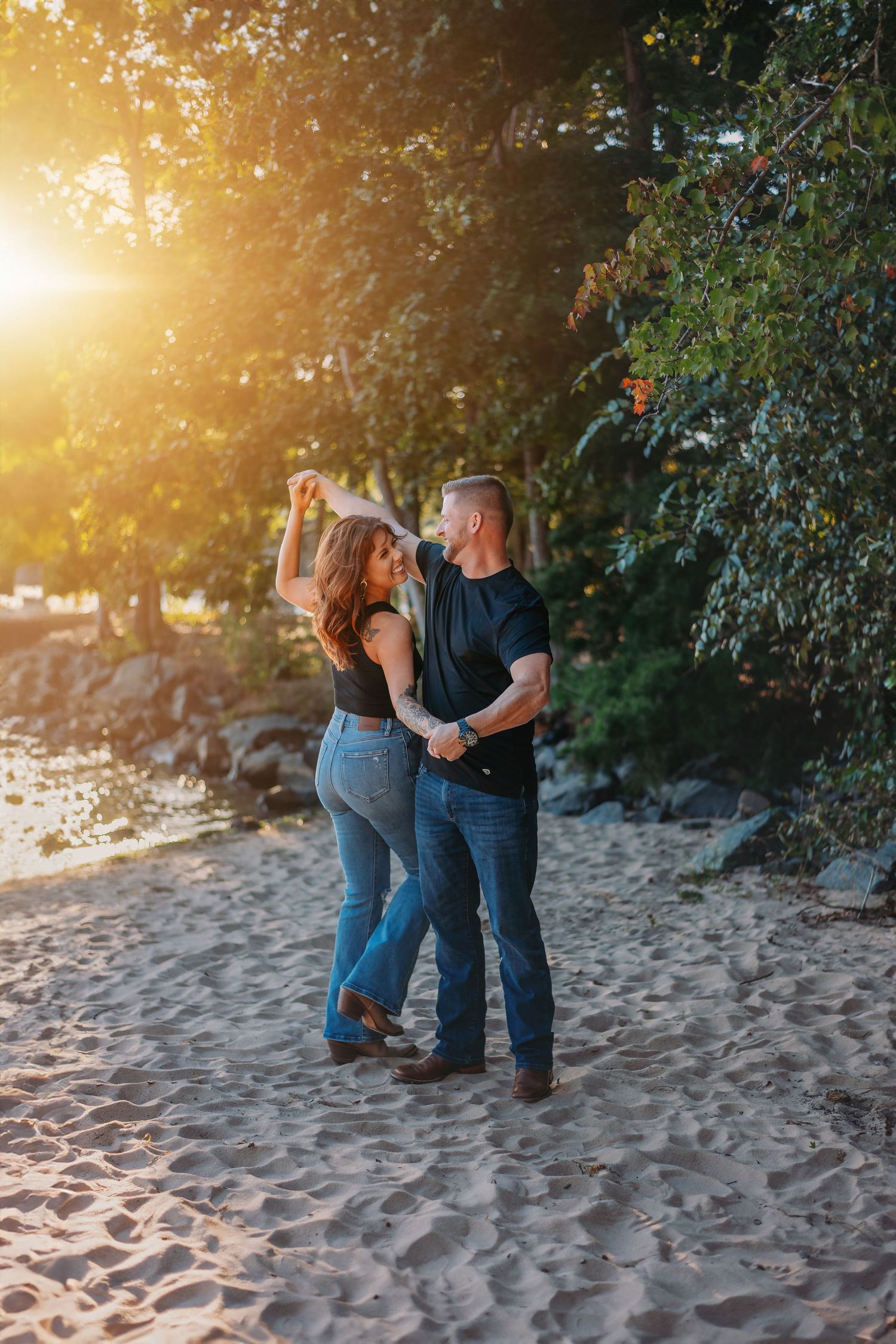 Playful couple interaction captured in sequence on sandy beach at dusk.