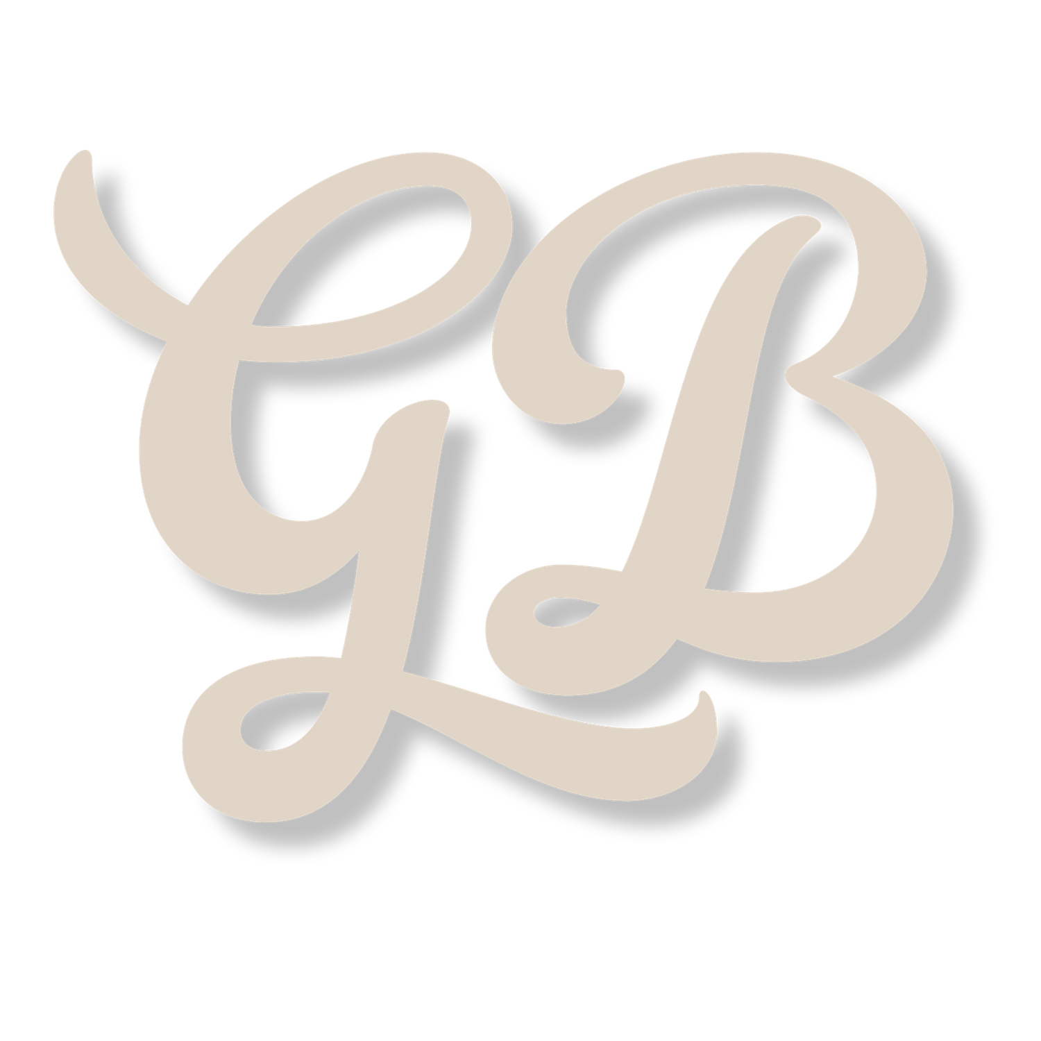 Elegant cursive GB monogram logo in beige script lettering on a white background.