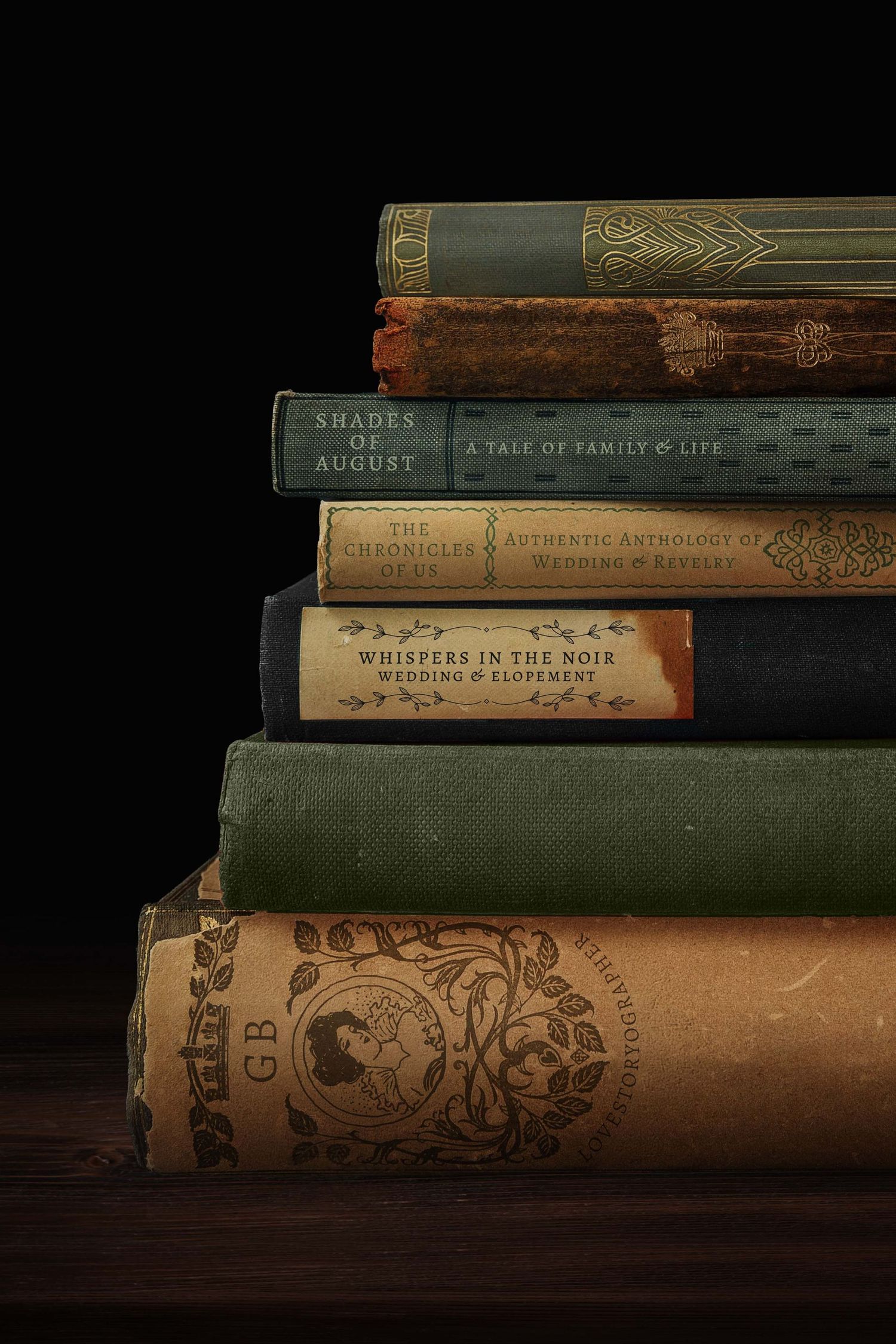Stack of vintage antique books with worn spines on rustic wooden table against dark background.