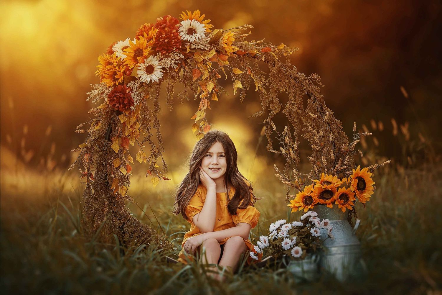 A collection of autumn-themed portraits with warm golden lighting and fall foliage creating dreamy outdoor scenes.