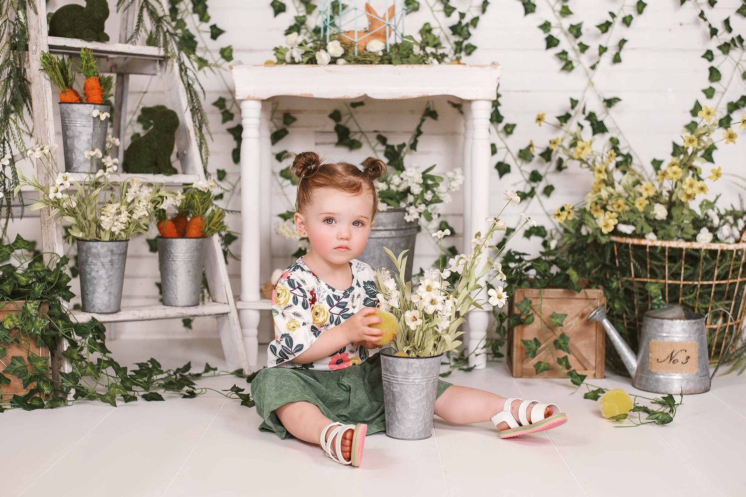 A set of five connected photos showing a rustic farmhouse style scene with plants and white decor elements.