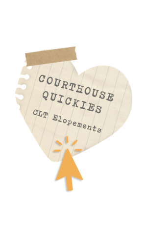 Heart-shaped notepad logo for Courthouse Quickies CLT Elopements with a golden cursor arrow icon.
