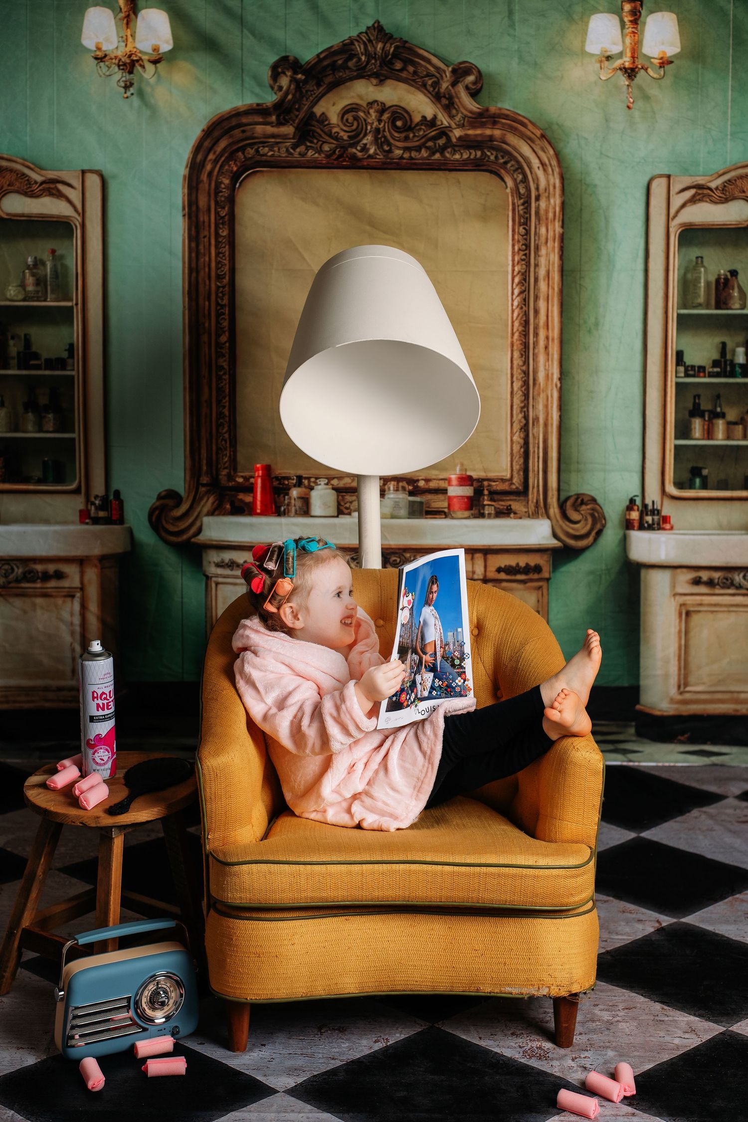 Series of photos showing small child reading on vintage yellow loveseat in elegant teal room.