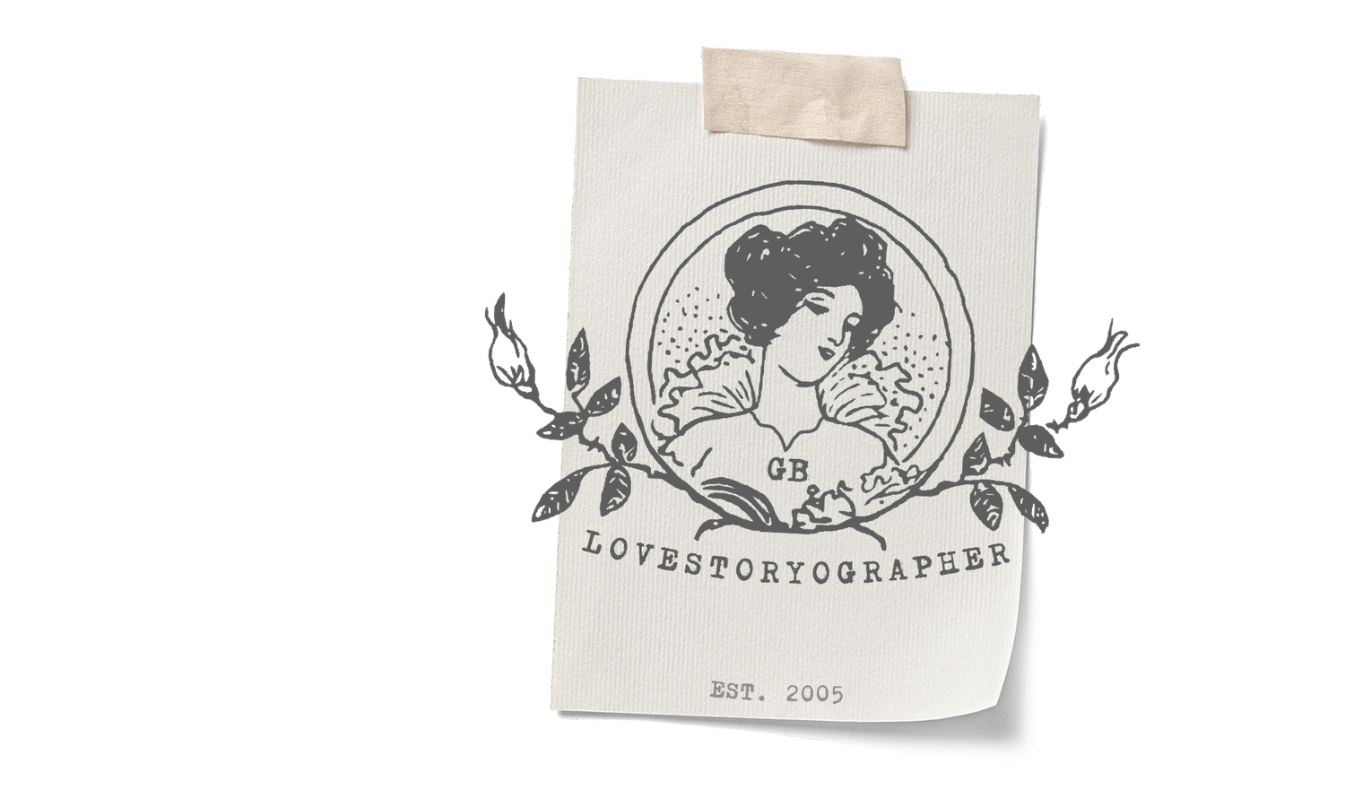 Vintage-style logo for Lovestorygrapher featuring an Art Nouveau woman illustration on aged paper, established 2005.
