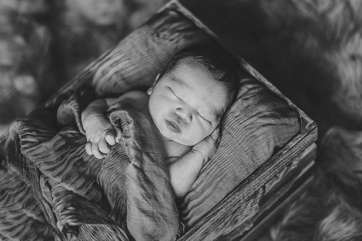 Black and white photographs of a sleeping baby in cozy blankets and bedding arranged in a collage format.